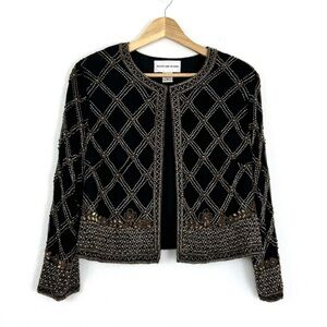 August Max Woman Plus 0X 100% Silk Black & Gold Jacket Blazer Top Women Beaded